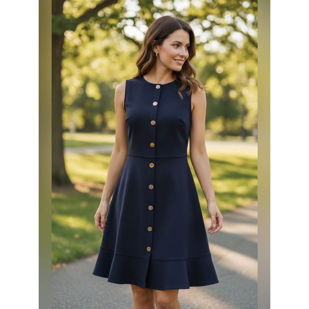 LOFT Navy Blue Sleeveless Faux Button Front Ruffle Hem Dress Size 10 NWT